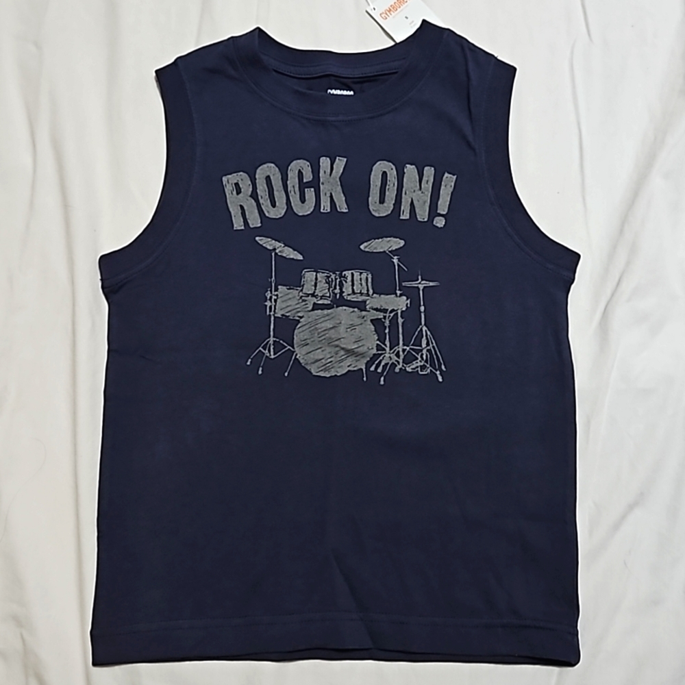VINTAGE Boys GYMBOREE Sz 5 Tank Top Sleeveless Shirt Navy Blue Drums Rock On NWT